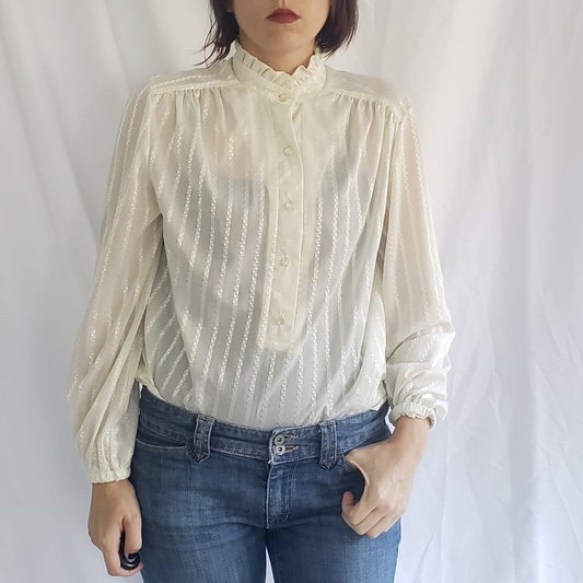 70s Cream Sheer Blouse with Frilly Collar