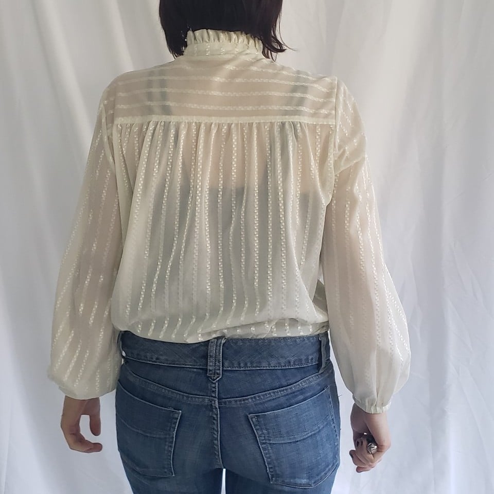 70s Cream Sheer Blouse with Frilly Collar