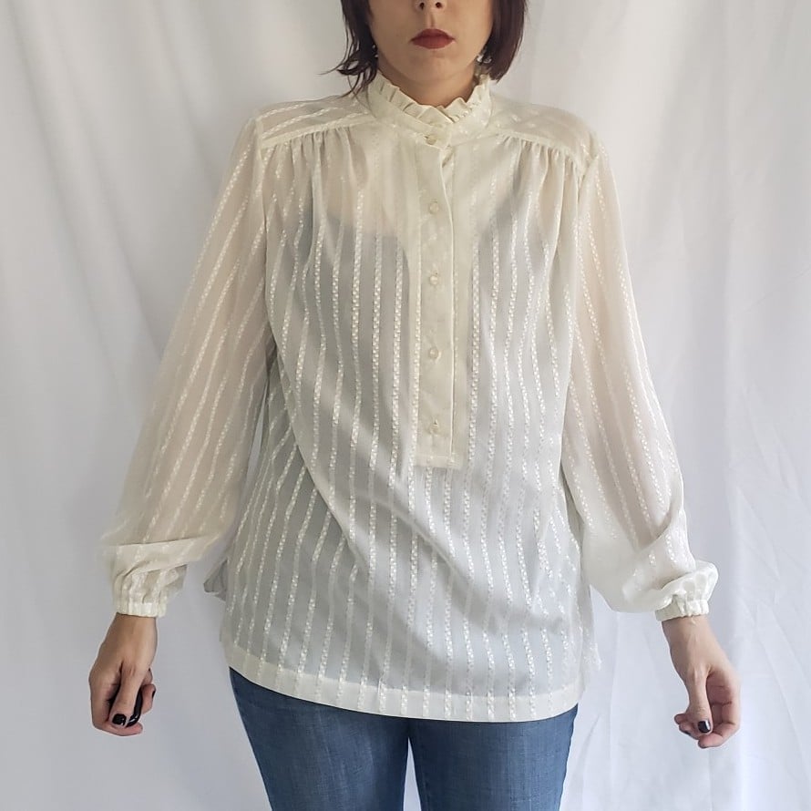 70s Cream Sheer Blouse with Frilly Collar