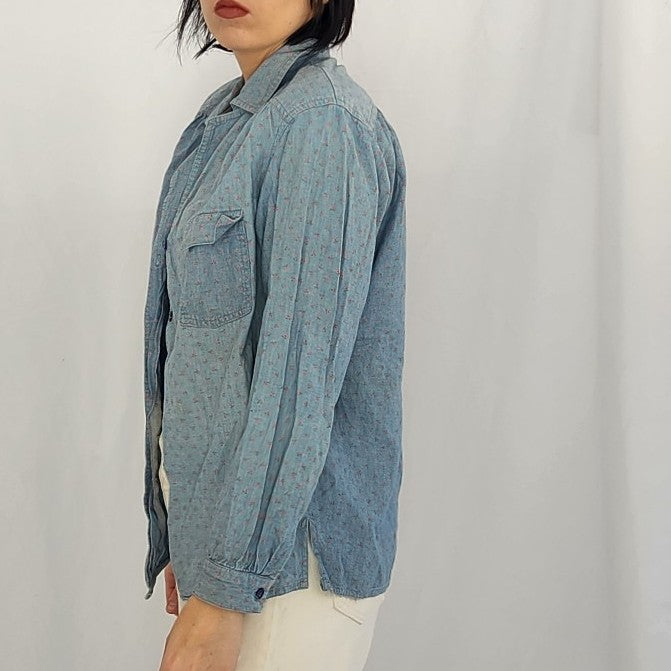 90s Blue and Pink Ditsy Floral Chambray Shirt