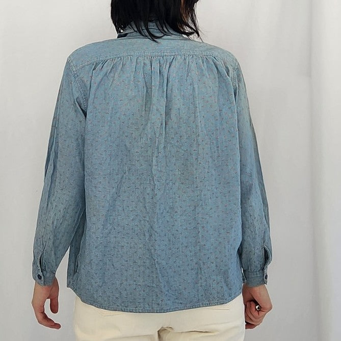 90s Blue and Pink Ditsy Floral Chambray Shirt