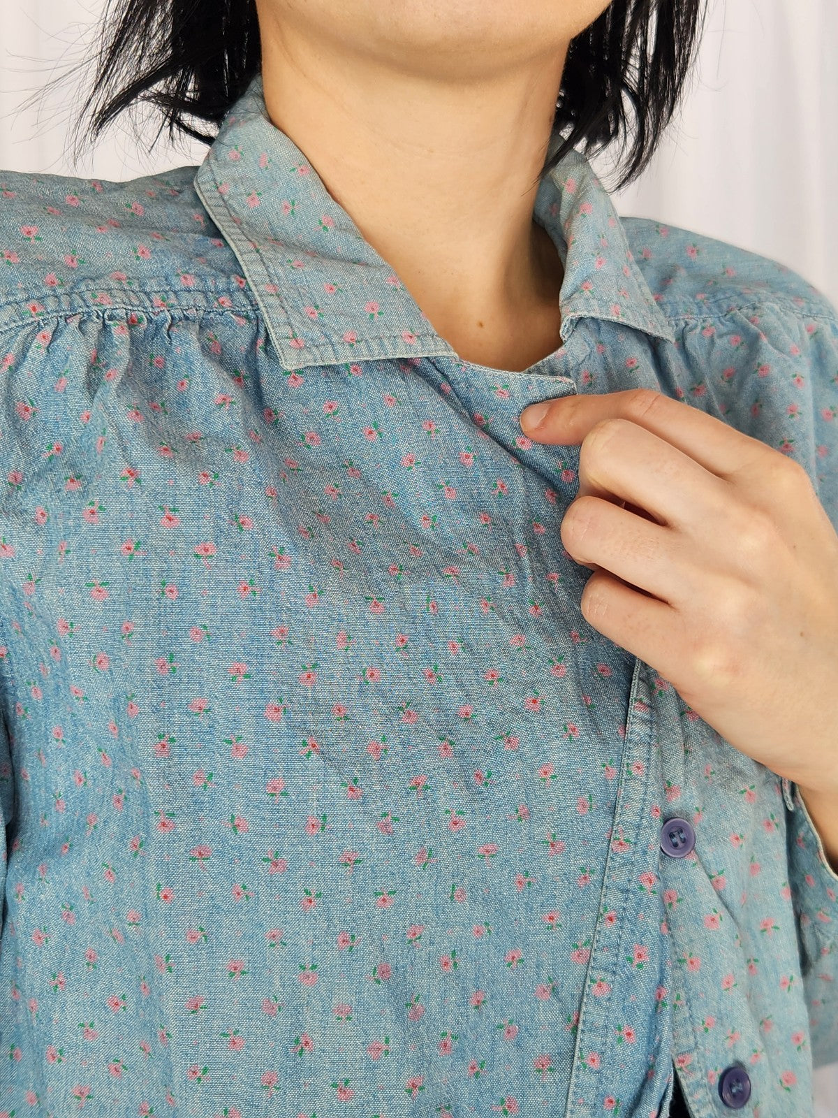 90s Blue and Pink Ditsy Floral Chambray Shirt
