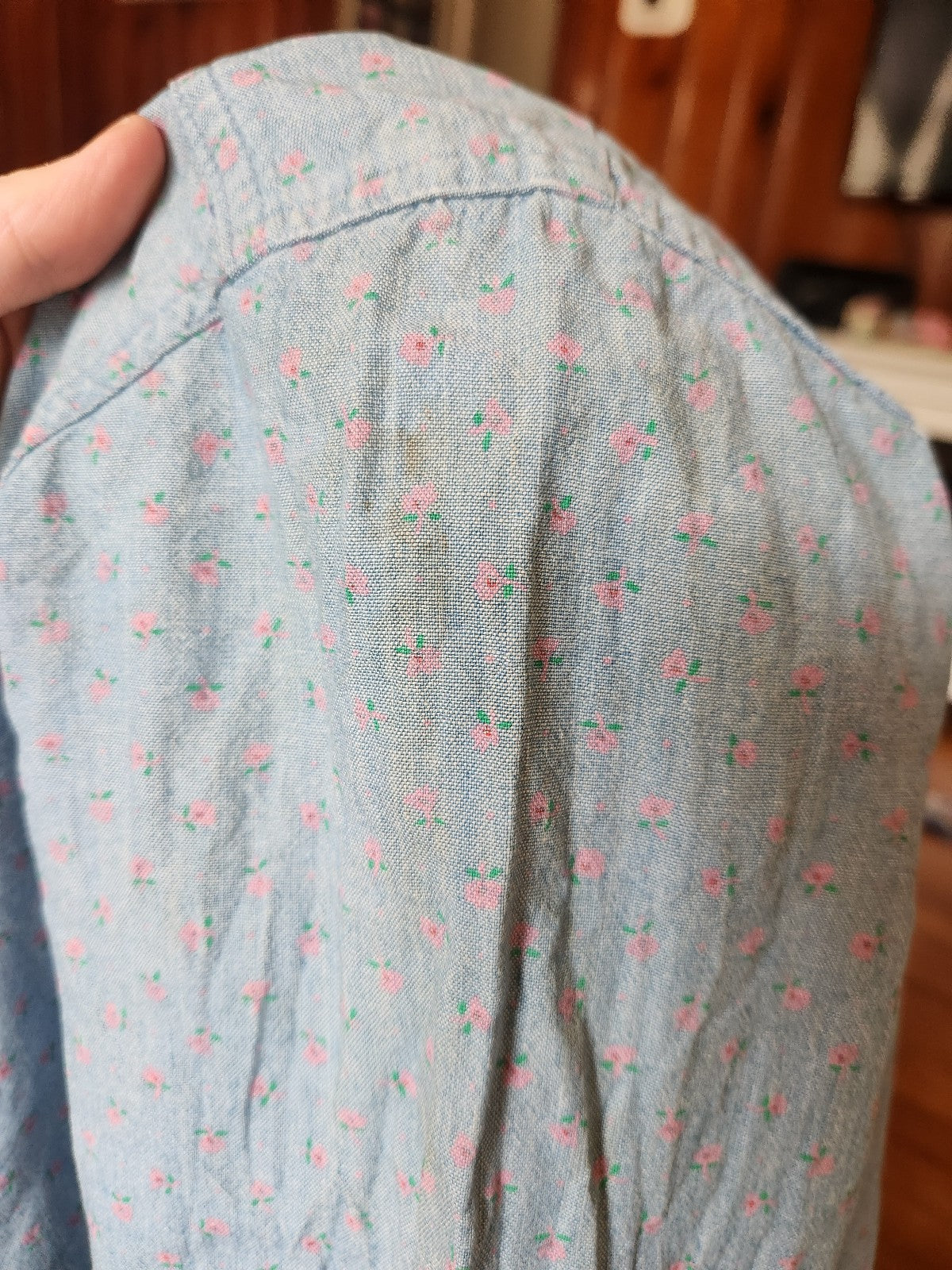 90s Blue and Pink Ditsy Floral Chambray Shirt