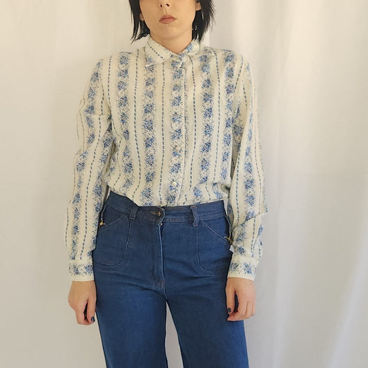 70s Blue Floral Button Down Shirt