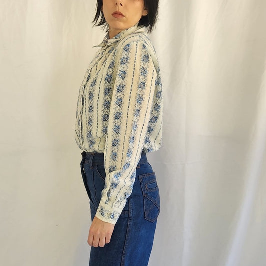 70s Blue Floral Button Down Shirt