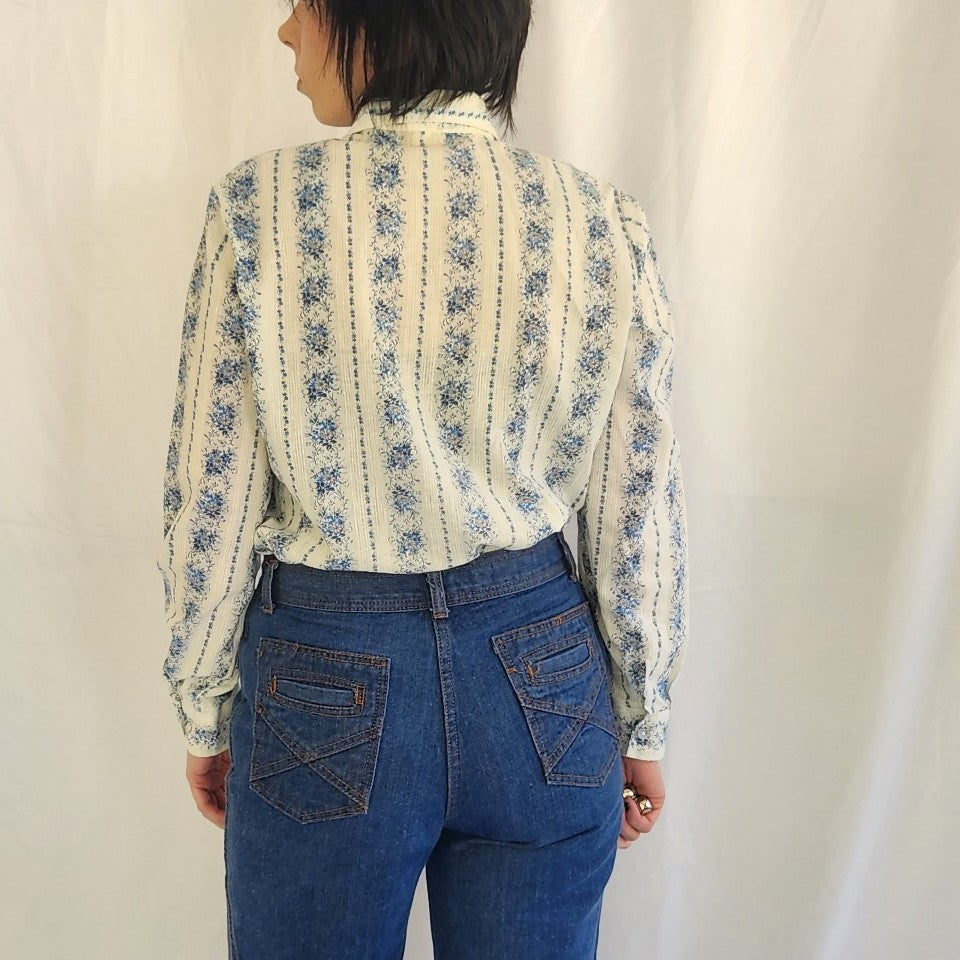 70s Blue Floral Button Down Shirt