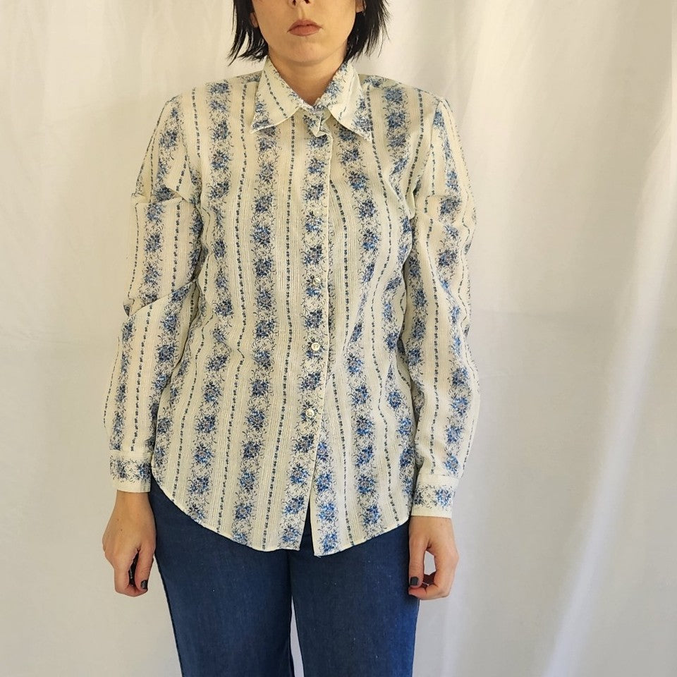 70s Blue Floral Button Down Shirt