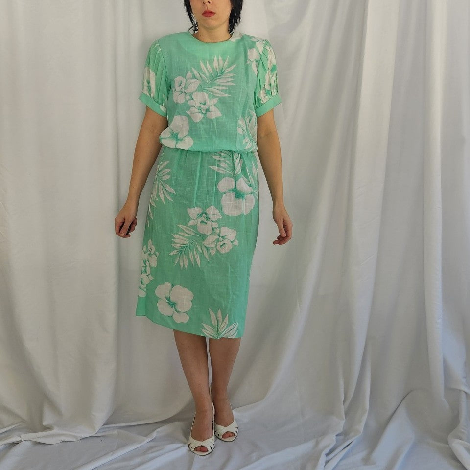 80s Green and White Tropical Floral Midi Dress