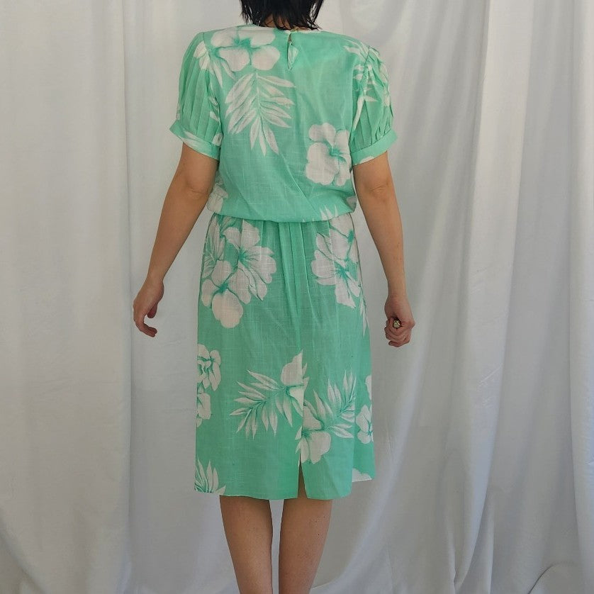 80s Green and White Tropical Floral Midi Dress