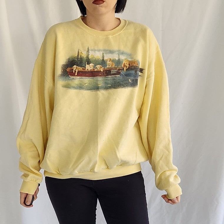 00s Yellow Golden Lab Puppies Fishing Crew Neck Sweatshirt