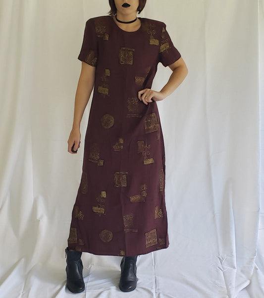 90s Maroon and Gold Whimsigoth Maxi Dress