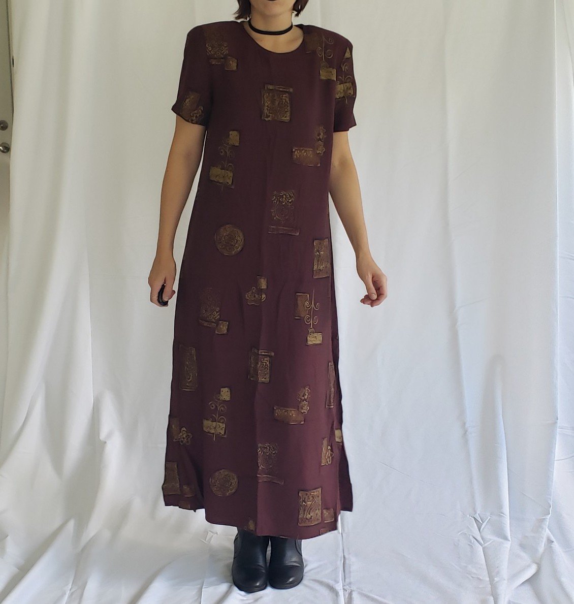 90s Maroon and Gold Whimsigoth Maxi Dress