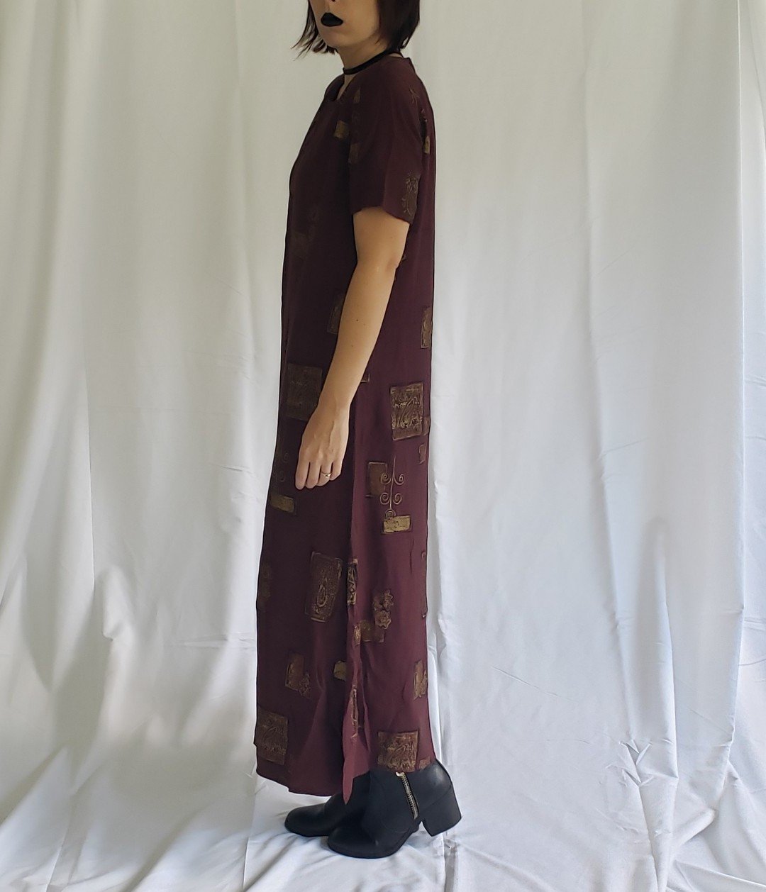 90s Maroon and Gold Whimsigoth Maxi Dress