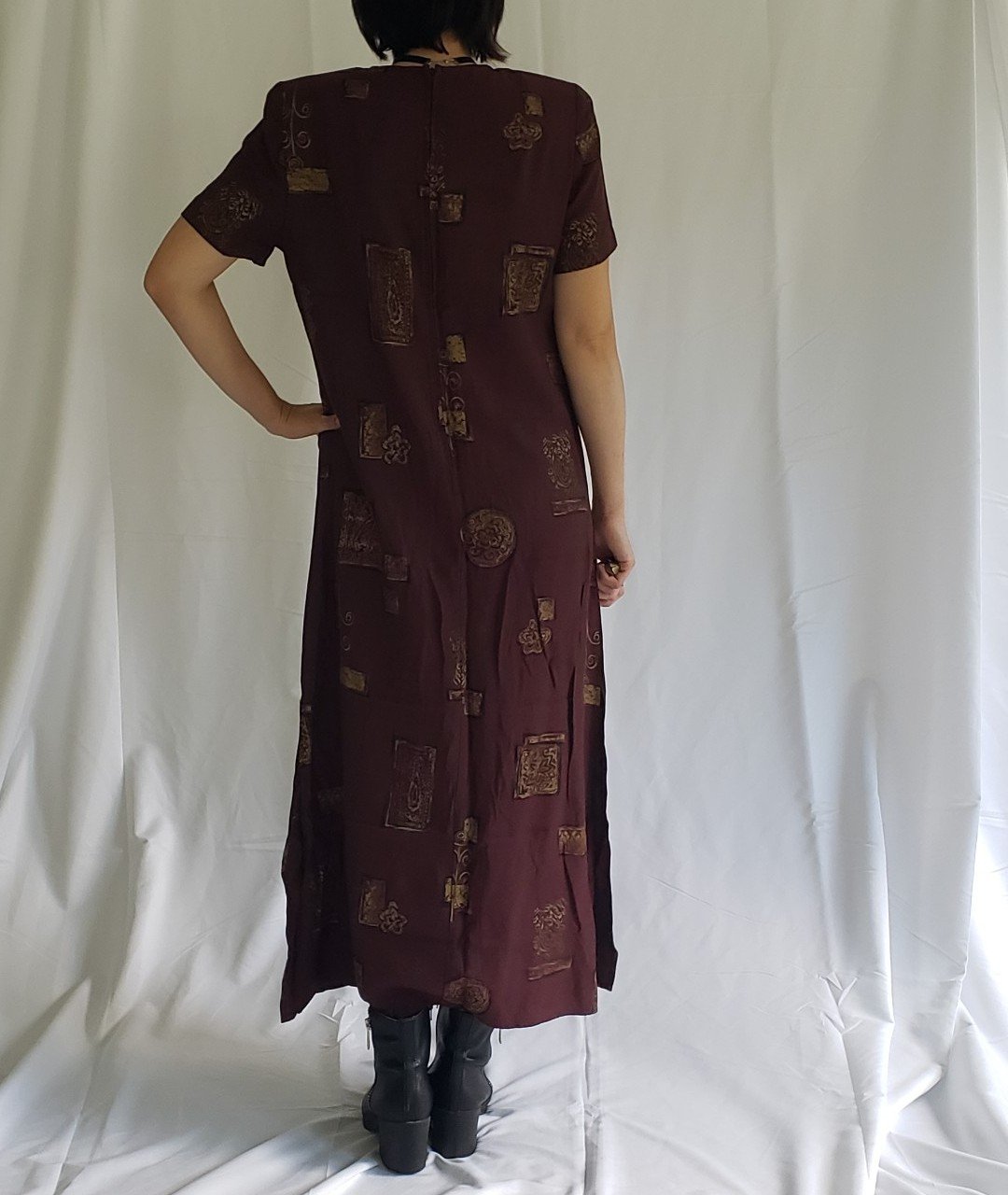 90s Maroon and Gold Whimsigoth Maxi Dress