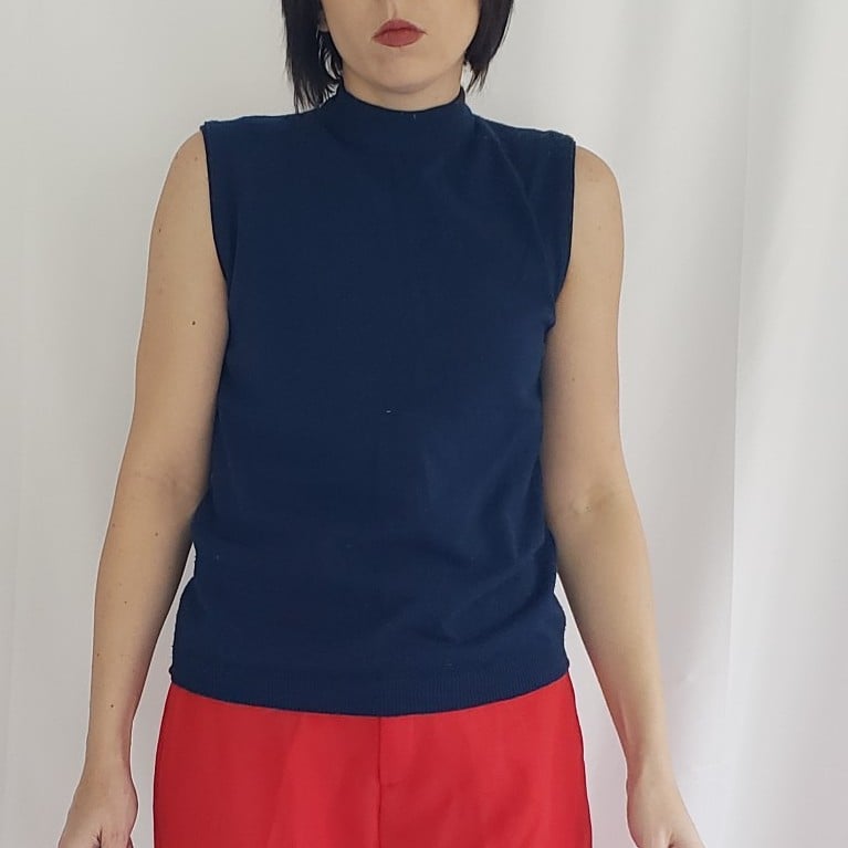 70s Blue Sleeveless Mock Turtleneck