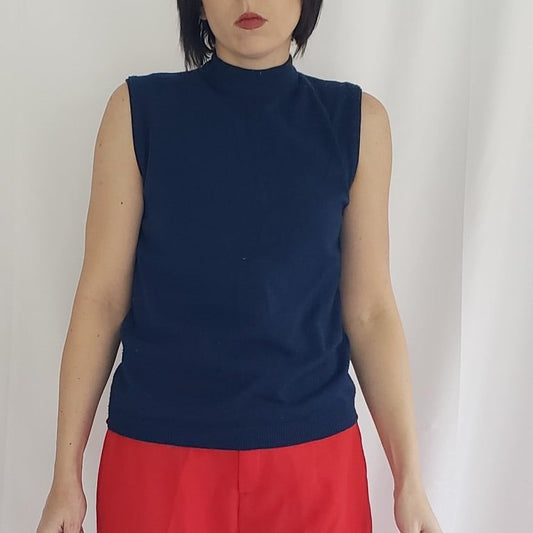 70s Blue Sleeveless Mock Turtleneck