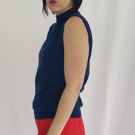 70s Blue Sleeveless Mock Turtleneck