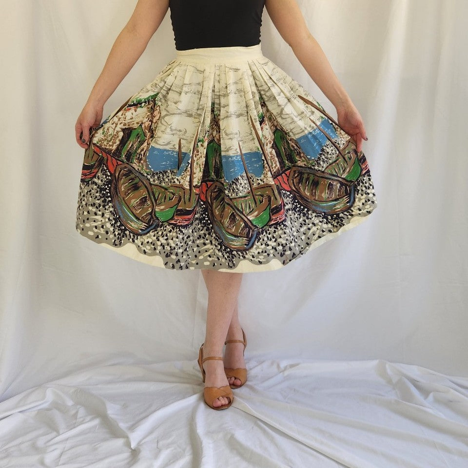 60s Boat Print Novelty Full Skirt