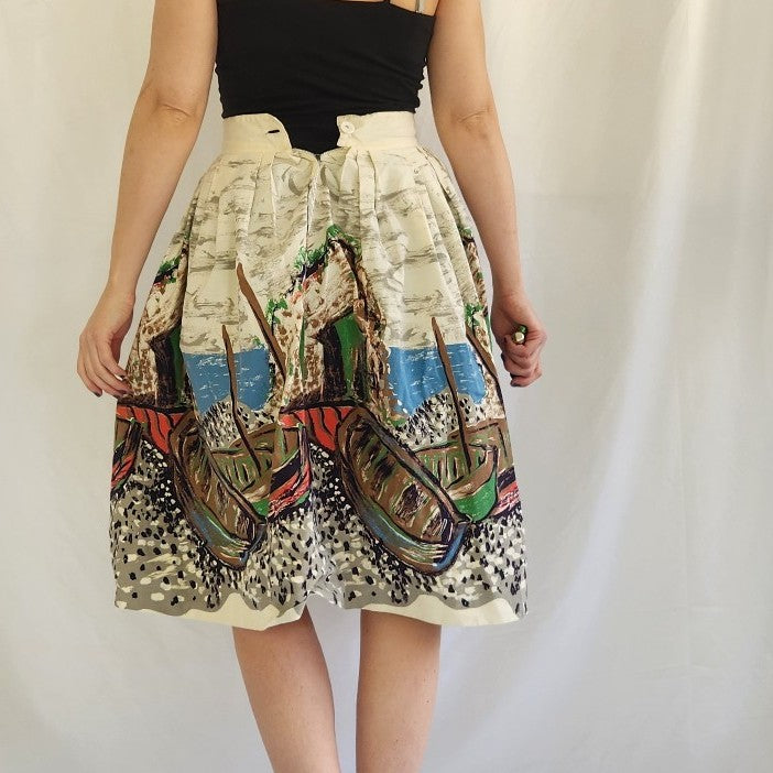 60s Boat Print Novelty Full Skirt