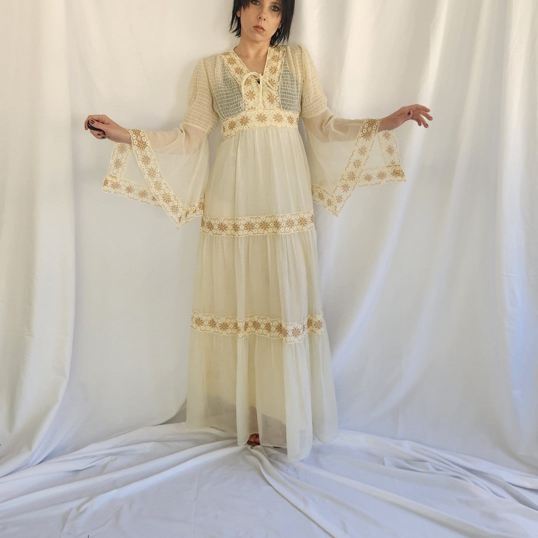 70s Cream Bell Sleeve Prairie Dress
