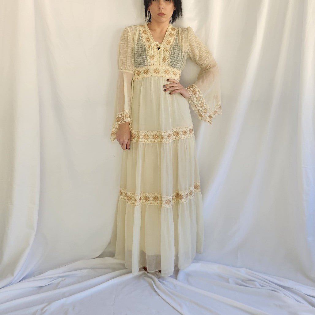 70s Cream Bell Sleeve Prairie Dress