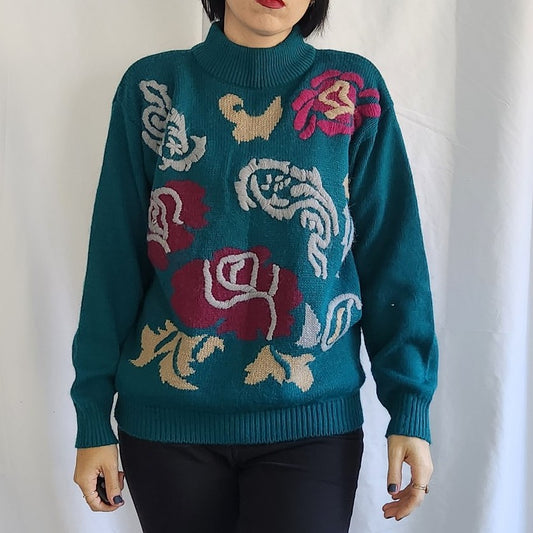 80s Teal and Purple Floral Mock Neck Sweater