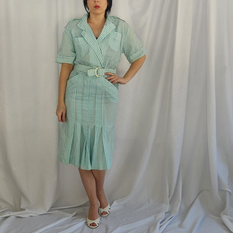 80s Blue and White Striped Day Dress