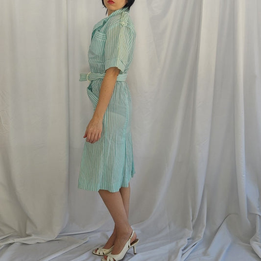 80s Blue and White Striped Day Dress