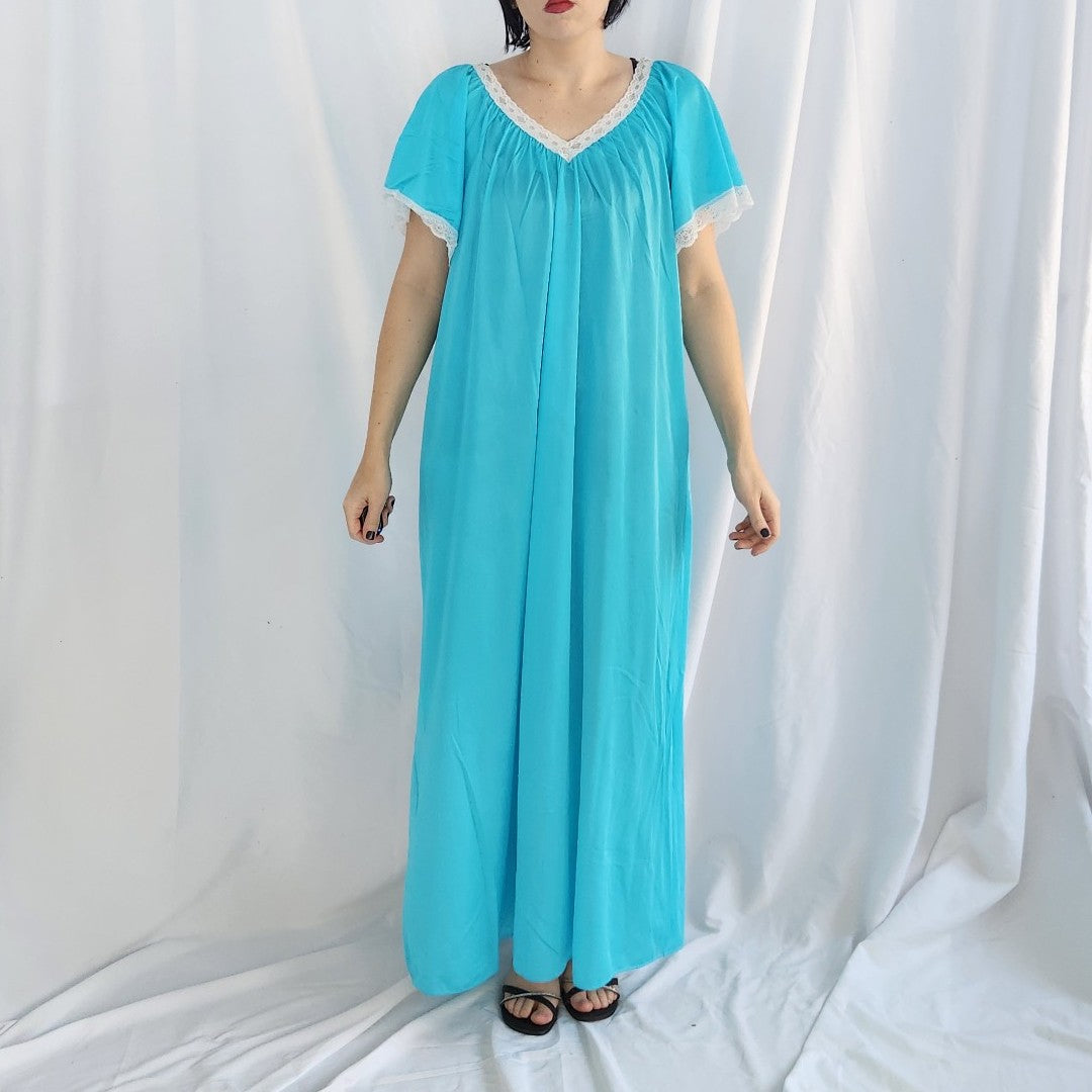 80s Bright Blue Nylon Nightgown