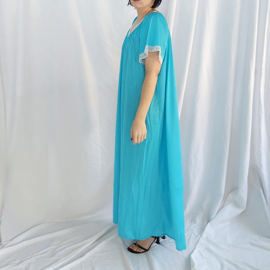 80s Bright Blue Nylon Nightgown