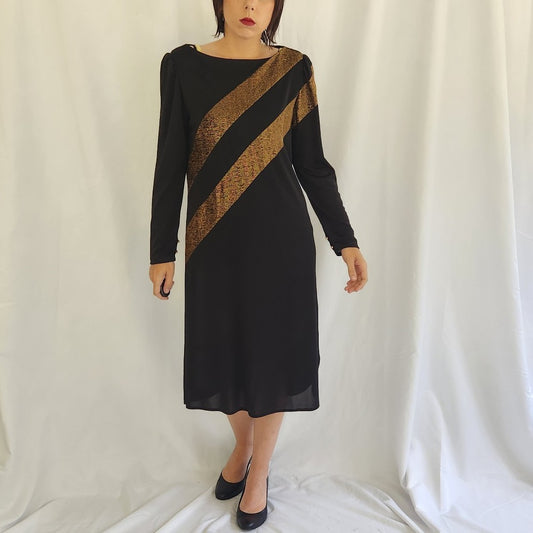 80s Black and Bronze Long Sleeve Midi Dress