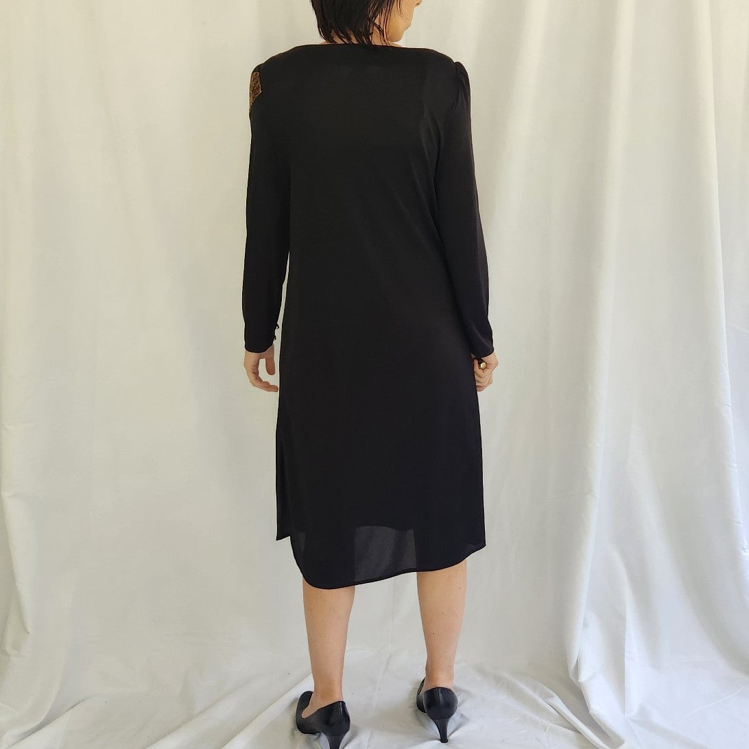 80s Black and Bronze Long Sleeve Midi Dress