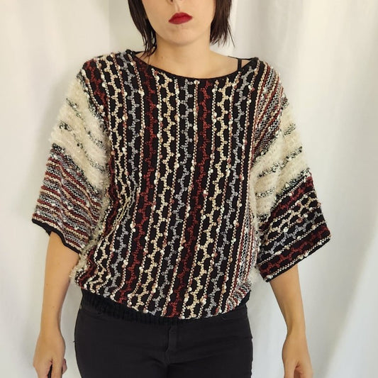 90s Black, White, and Red Multi Texture Short Sleeve Sweater
