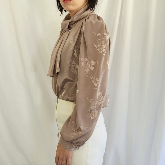 80s Taupe Floral High Neck Blouse