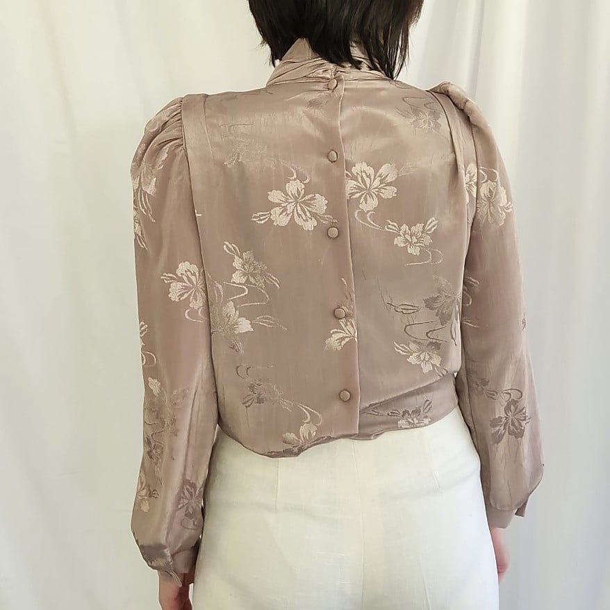 80s Taupe Floral High Neck Blouse