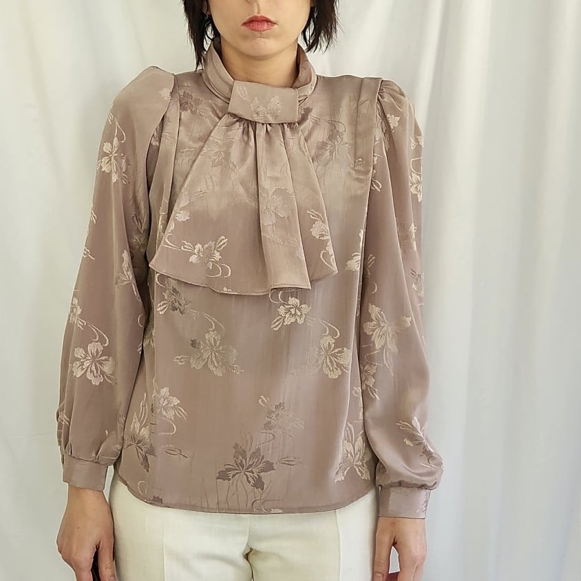80s Taupe Floral High Neck Blouse