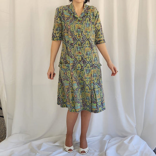 60s/70s Purple and Green Funky House Dress