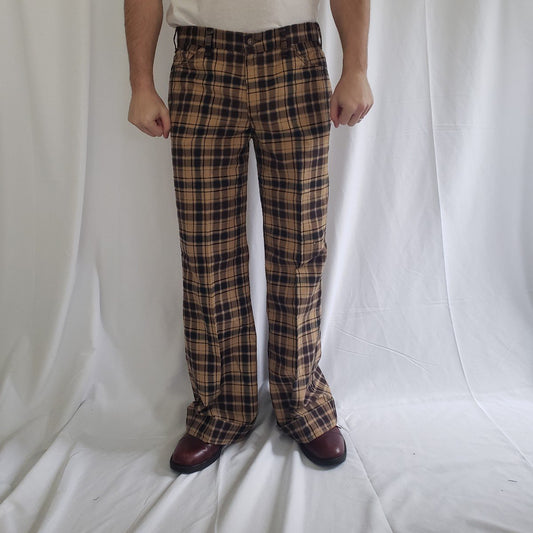 60s/70s Levi's Brown and Blue Plaid Pleated Flare Pants