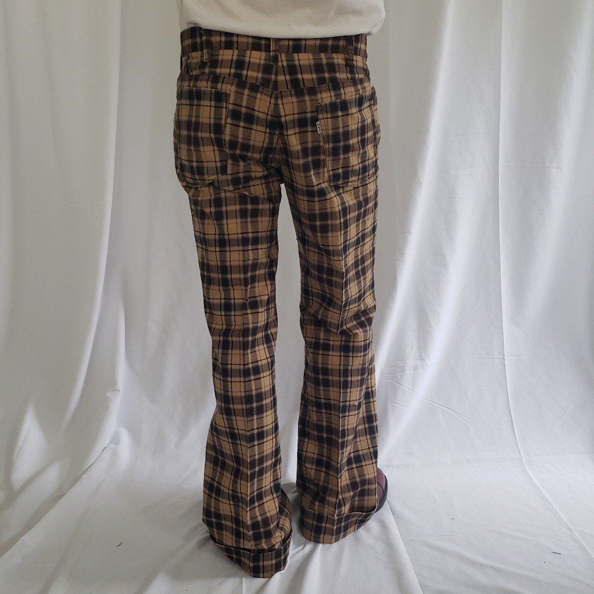 60s/70s Levi's Brown and Blue Plaid Pleated Flare Pants