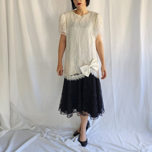 80s Black and White Lace Drop Waist Dress