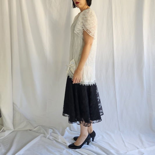 80s Black and White Lace Drop Waist Dress
