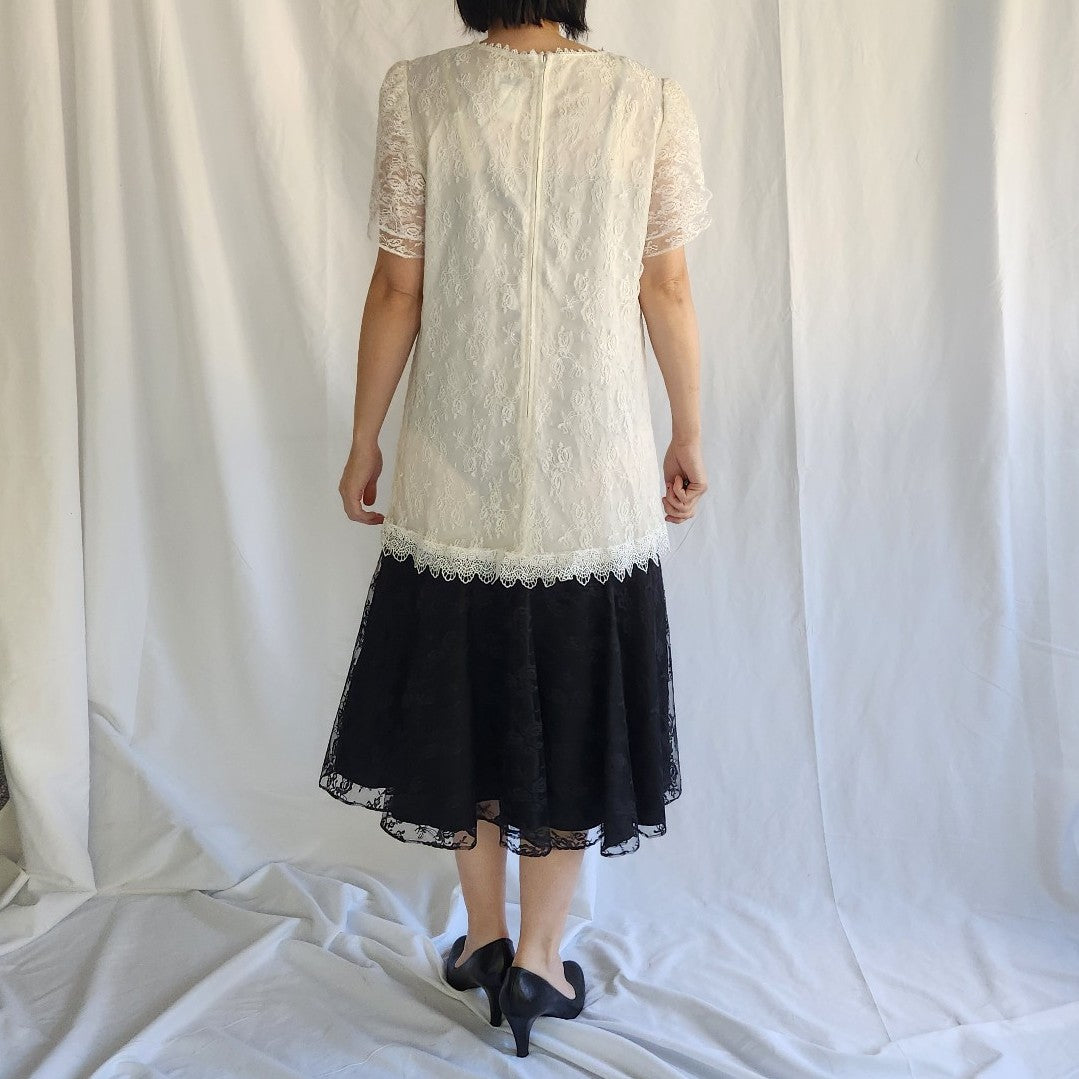 80s Black and White Lace Drop Waist Dress