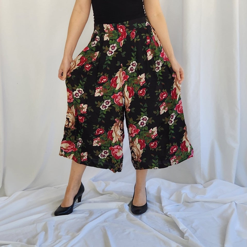 90s Black and Pink Floral Palazzo Pants