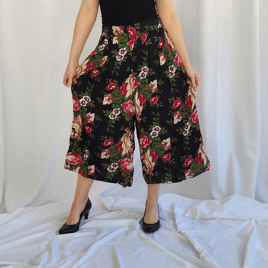 90s Black and Pink Floral Palazzo Pants