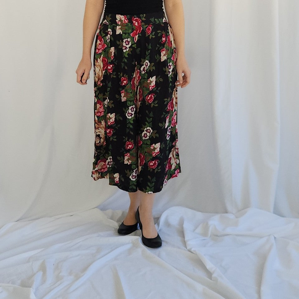 90s Black and Pink Floral Palazzo Pants