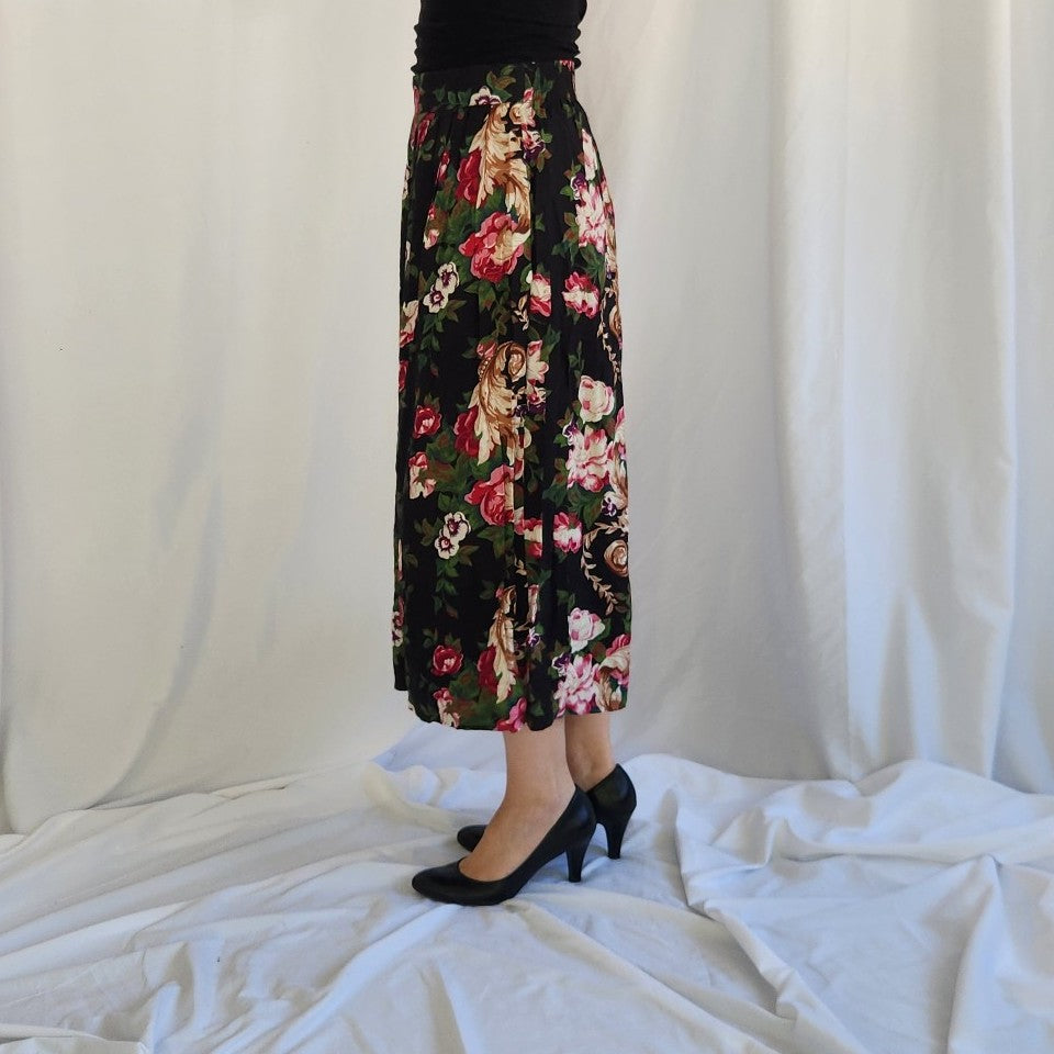 90s Black and Pink Floral Palazzo Pants