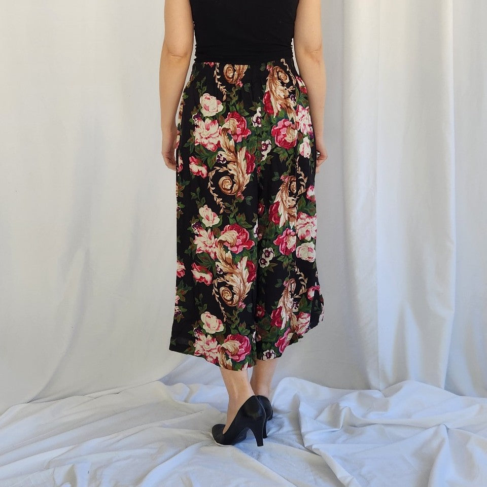 90s Black and Pink Floral Palazzo Pants
