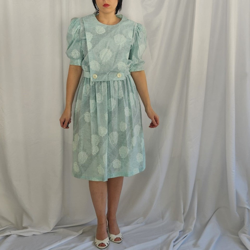 80s Aqua Rose Print Dress