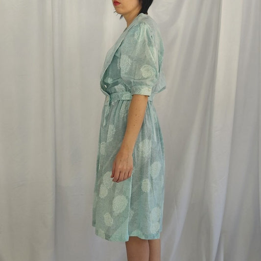 80s Aqua Rose Print Dress