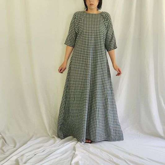 Vintage Blue Plaid Maxi Dress
